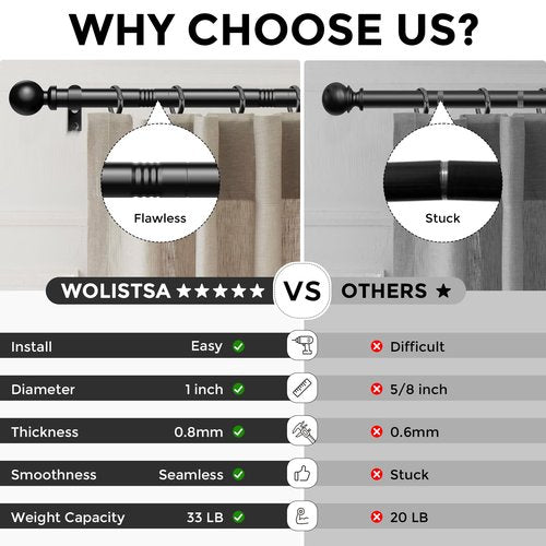 Wolistsa Curtain Rods 48 to 84 Inch, Black 1 Inch Adjustable Heavy Duty Curtain Rods for Windows, Decorative Modern Window Treatment Rod, Telescopic Splicing Metal Drapery Pole, Easy Installation