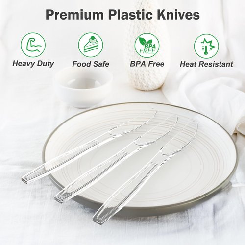 Dealusy 100 Count Extra Heavy Duty Clear Plastic Knives Disposable, BPA-Free, Heat Resistant, Solid and Durable Disposable Knives Bulk, Premium Plastic Knives heavy duty for Party Supply