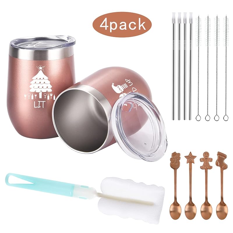 Qtencas 12 Oz Stainless Steel Christmas Wine Tumbler Set with Spoon - 4 Pack, Rose Gold