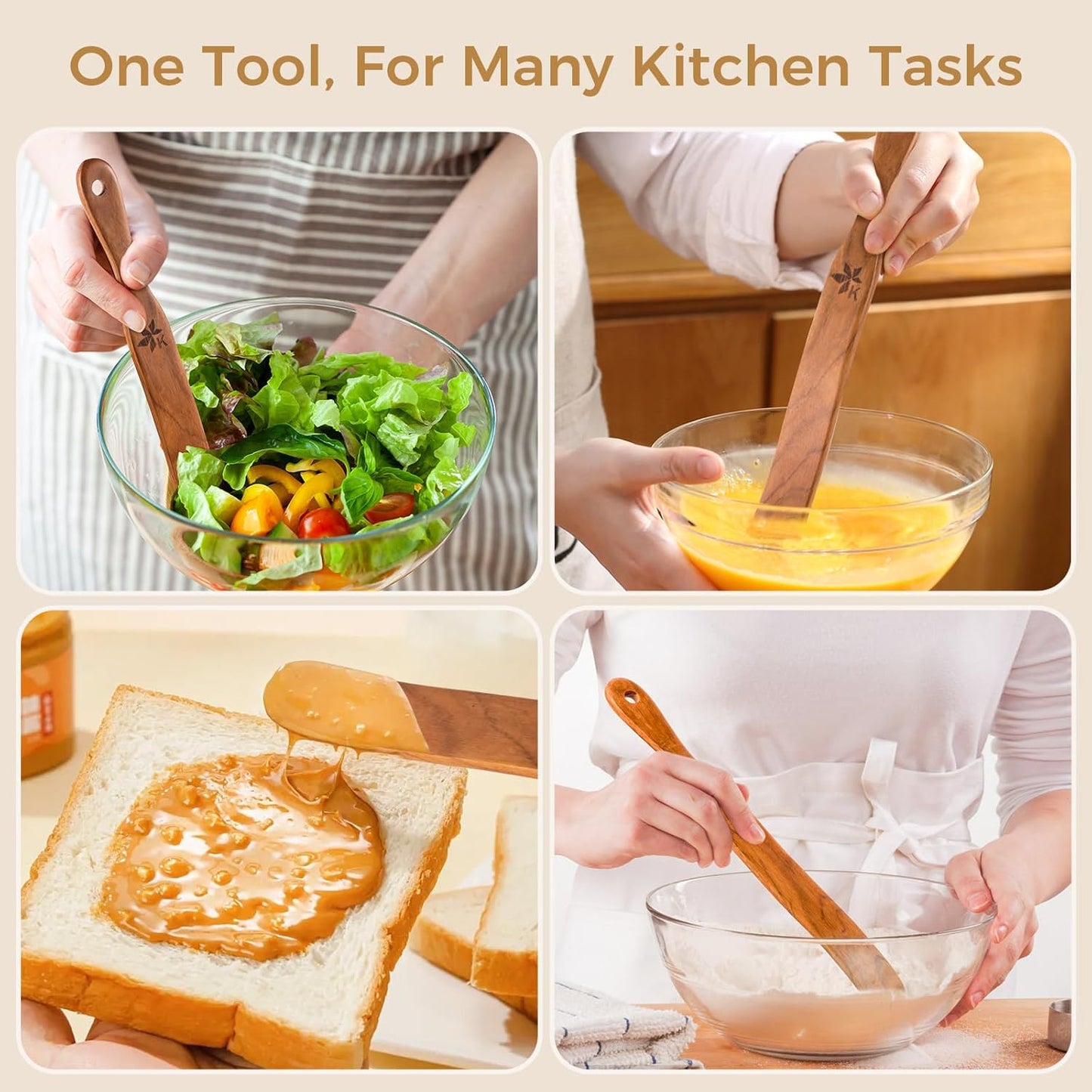 Skiennix Spurtle Set - 2 Pack Danish Dough Whisk & Jar Spatula - Solid Teak Wood Kitchen Utensils