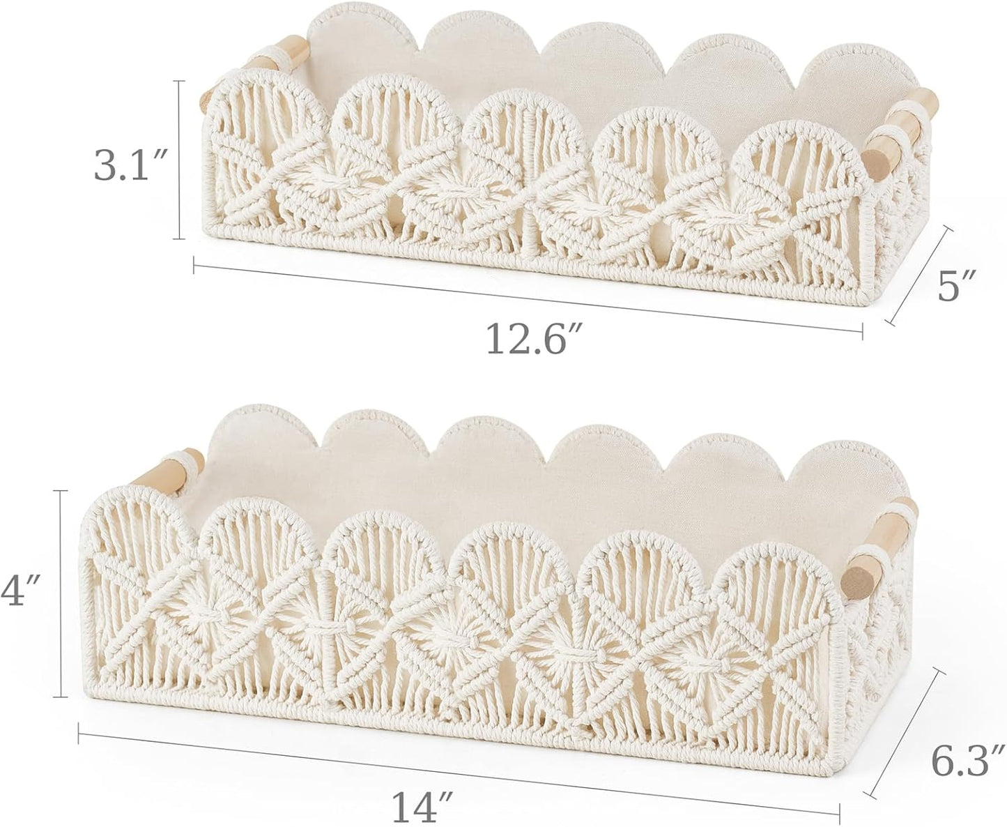 Mkono Macrame Storage Basket - Scalloped Edge Boho Woven Decor | Small Organizer Set of 2 in Ivory