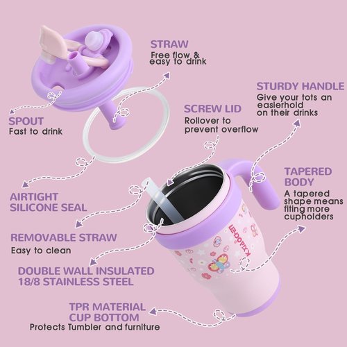 KXIAOCHEN Toddler Tumbler - Spill Proof 14 Oz Insulated Stainless Steel | Keeps Drinks Cold 24 Hrs, Pink Butterfly