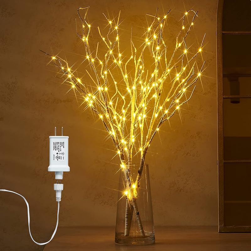 Fudios 150 LED Lighted Branches with Timer, 32in Plug-In Birch Twigs for Vase - 3 Branches