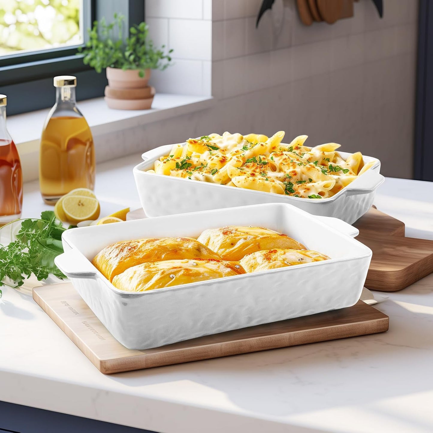 Regine Switzerland Casserole Dishes - Ceramic Baking Pan Set of 3 with Handles | Deep Porcelain Bakeware (11.6" x 7.8", White)