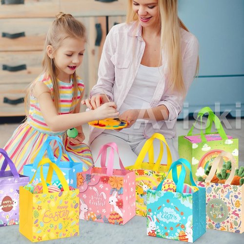 Aviski 8PCS Happy Easter Egg Hunt Bunny Carrot Chick Egg Treat Non-Woven Bags with Handles for Gifts Wrapping, Egg Hunt Game, Party Supplies, 7.9×7.9×5.9inch