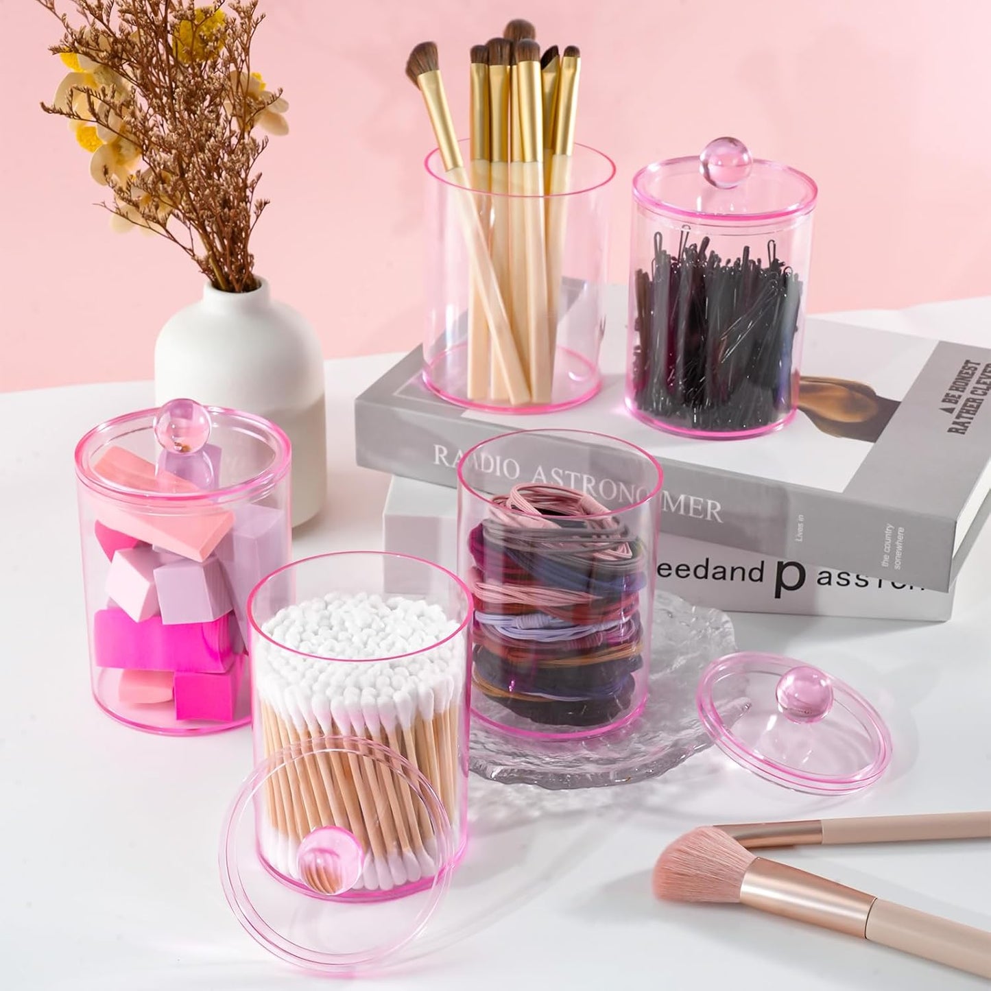 XIPENGKEJI Qtip Holder Set - 6 Pack Apothecary Jars with Lids for Cotton Swabs & Pads | Pink 10oz-12oz