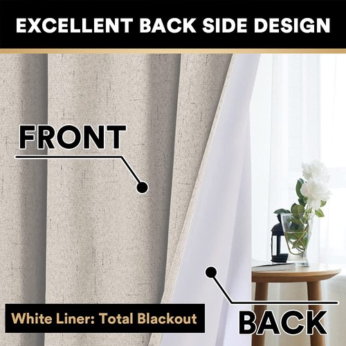 PrinceDeco Blackout Curtains 63 Inches Long 100% Blackout Curtains for Bedroom Rod Pocket Linen Textured Curtains Energy Saving with White Liner, 2 Panels(52 x 63 Inch, Natural)
