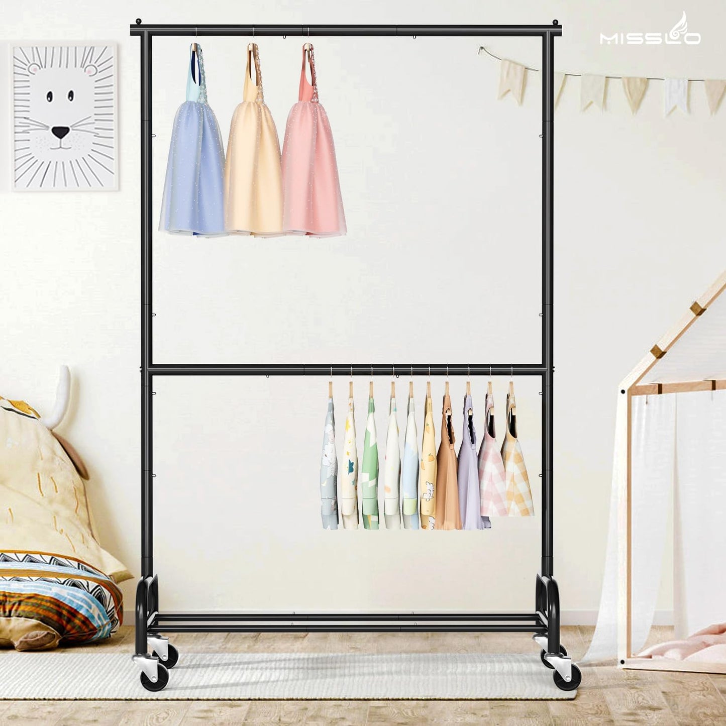 MISSLO Heavy Duty Clothing Rack - Adjustable Double Rod Garment Rack on Wheels | Metal, Black