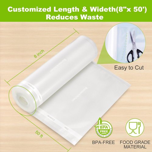 Bonsenkitchen Vacuum Sealer Bags - Heavy Duty BPA-Free Food Storage Rolls, 8" x 50', 2-Pack for Sous Vide Cooking