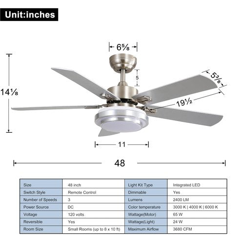 FINXIN Indoor Ceiling Fan Light Fixtures Remote LED 48 Brushed Nickel Ceiling Fans For Bedroom,Living Room,Dining Room Including Motor,Remote Switch (48" 5-Blades)