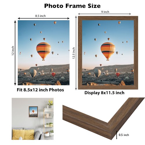 JCJMY 8.5x12 Picture Frame Brown for Wall Hanging or Tabletop, Wall Mounting Horizontally or Vertically, 8.5 x 12 Wall Gallery Poster Photo Frame with Shatter Resistant Plexiglass, Brown