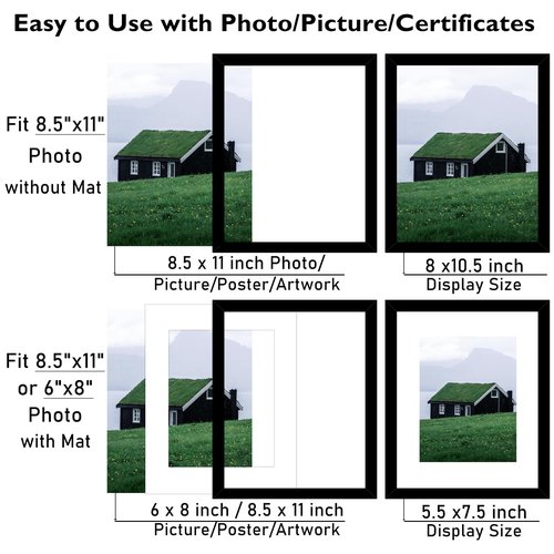 JCJMY 8.5 by 11 Picture Frame Set of 6 with 6x8 Mat for Certificate Document Photo, Display 6x8 with Mat or 8.5x11 without Mat, 8.5 x 11 Frame for Wall or Tabletop, 6 Pack, Black
