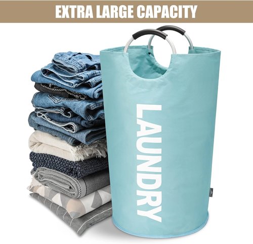 DOKEHOM Large Collapsible Laundry Basket - 95L Freestanding Hamper in Light Blue