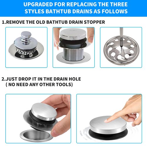 Uxoz Bathtub Drain Stopper, Tub Stopper/Bathtub Plug for Tip Toe/Trip Lever/Lift&Turn Tub Drains, Bath Tub Drain Stoppers Designed for 1.5"-1.72" Drain Hole w/3 O-Rings,Chrome Plated