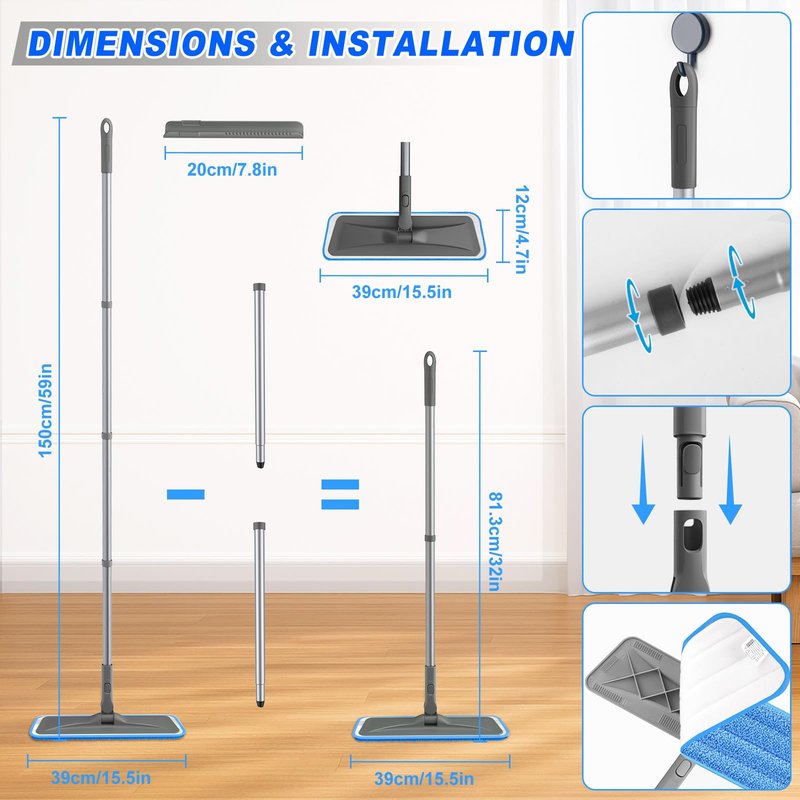 Microfiber Mops for Hardwood Floor Cleaning - BPAWA Flat Floor Mop with 4 Washable Pads for Laminate Wood Tile Vinyl Home Kitchen Bathroom - 59" Adjustable Handle