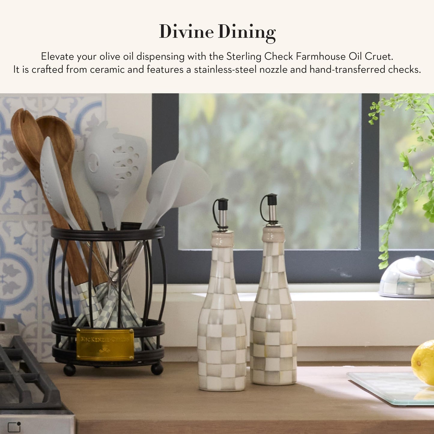 MACKENZIE-CHILDS Farmhouse Oil Cruet, Ceramic Oil-Dispenser Bottle, Gray-and-White Sterling Check