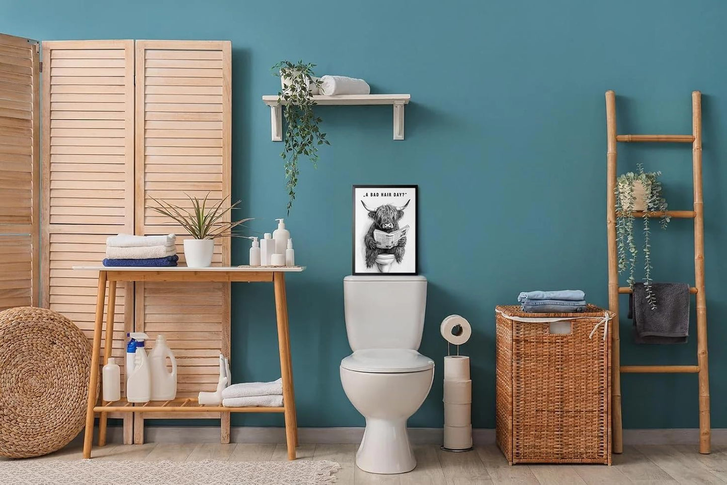 Orvannaatr Highland Cow Wall Art - Humorous Sketch of Cow on Toilet | Fun Bathroom Décor