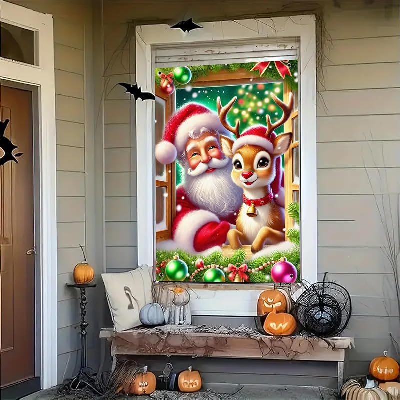 Christmas Window Cover 31x47 Inch Polyester Backdrop Banner with Santa & Rudolph