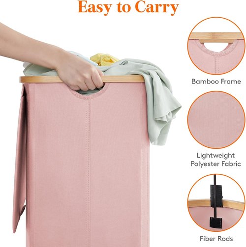 Lifewit 80L Laundry Basket - Foldable Hamper with Lid & Bamboo Handles | Removable Bag, Pink