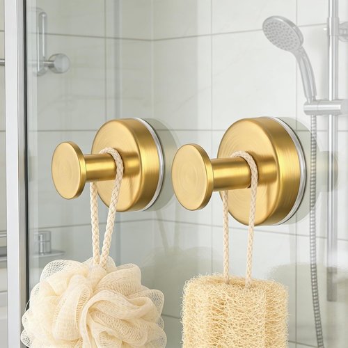 HUFEEOH Suction Cup Hooks - Removable Wall Hanger for Bathroom & Kitchen | 2 Pack O Shape - Gold