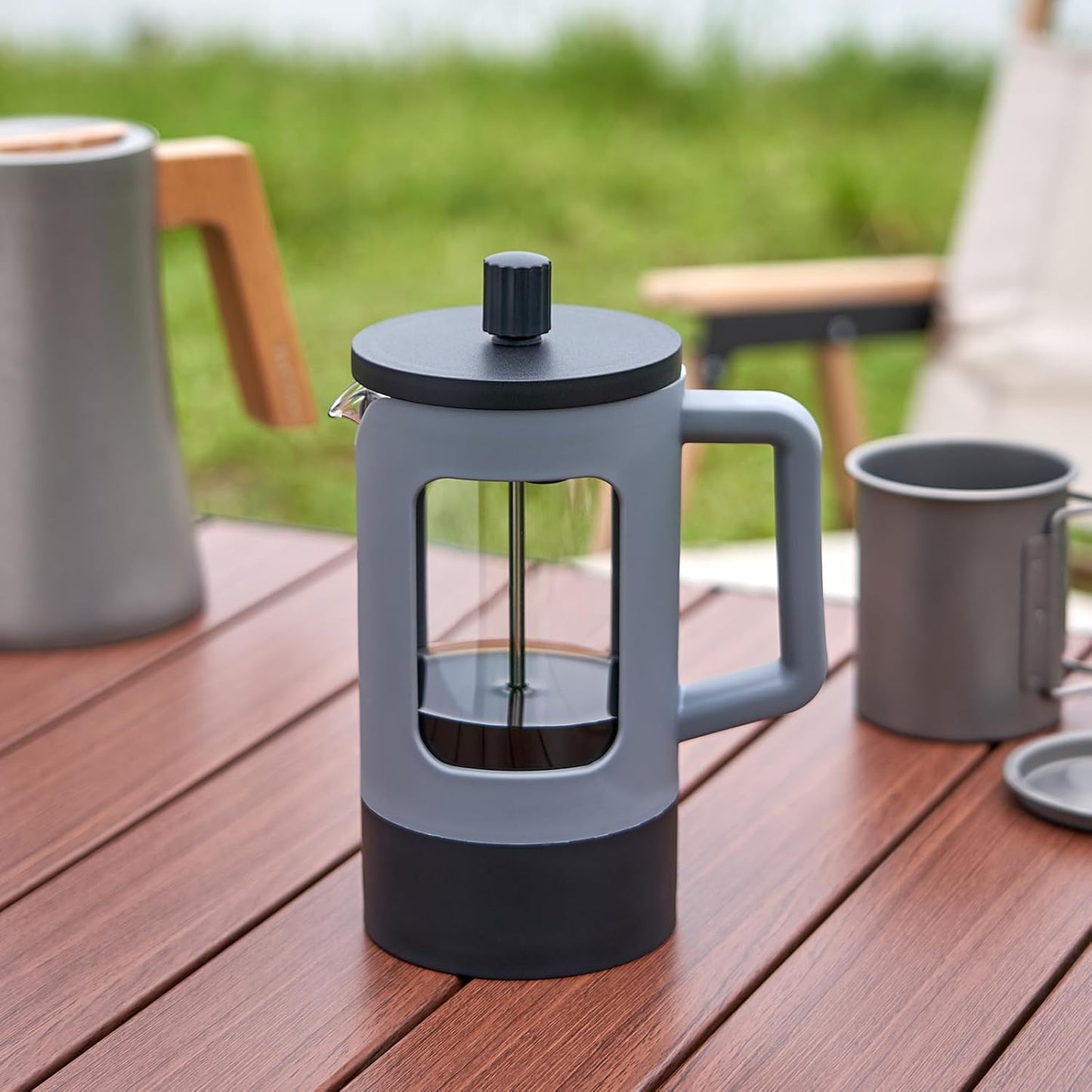 YOLIFE French Press Coffee Maker - 21 oz Heat-Resistant Borosilicate Glass | Portable Grey & Black Design