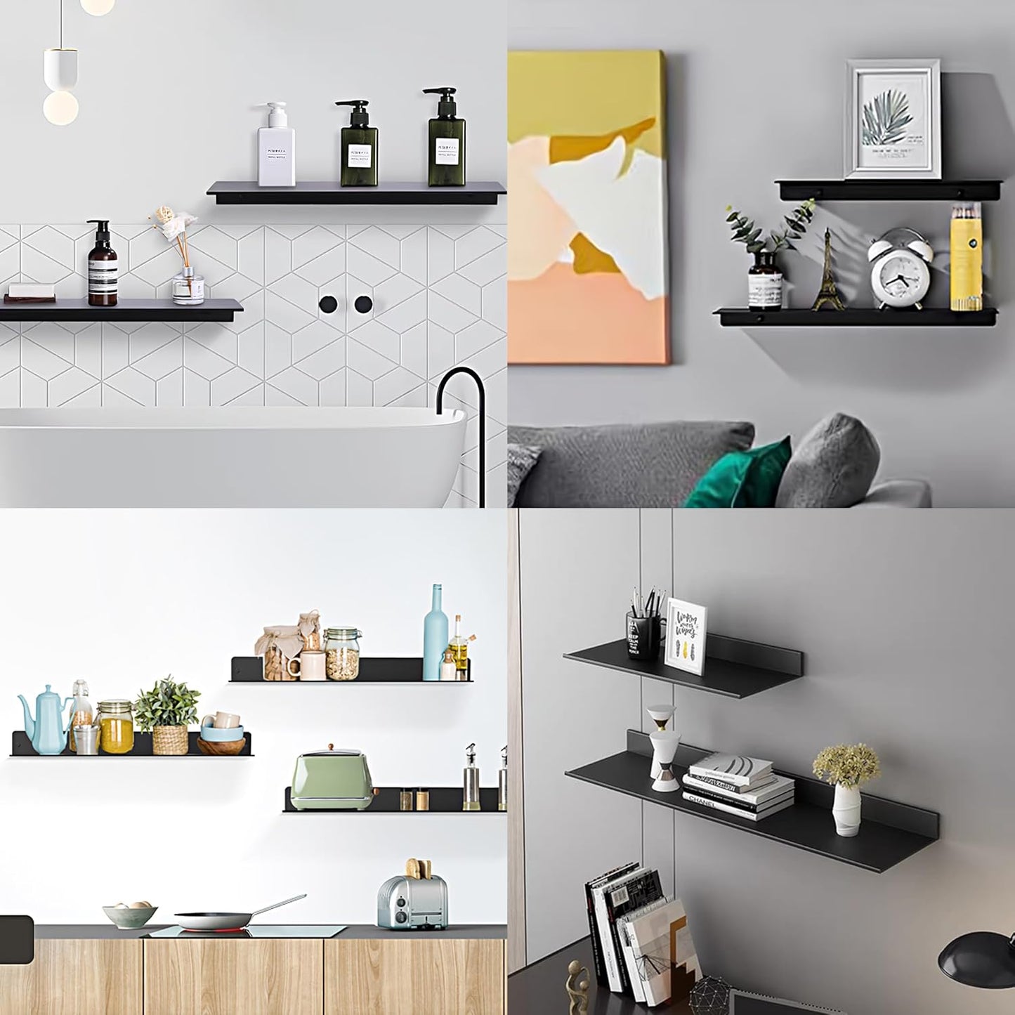 Wisfame Floating Shelves - Modern Wall-Mounted Metal Shelf Set of 2 for Living Room, Bedroom & Bathroom | Black 15.7in