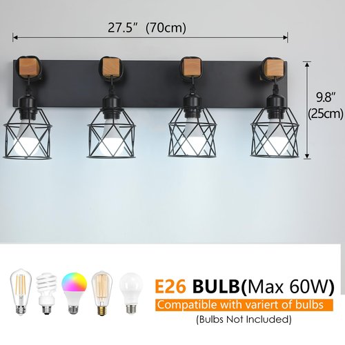 Farmhouse Vanity Light Fixture,4-Light Bathroom Lighting,Black Industrial Wood Wall Light Over Mirror with Metal Shade,LED Bulbs Not Included