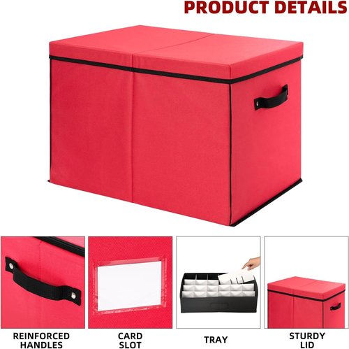 Inin Christmas Ornament Storage Box - Stackable Organizer with Adjustable Dividers | Holds 72 Balls, Red