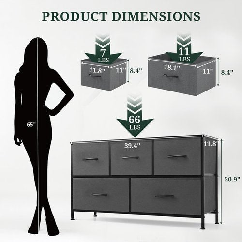 5-Drawer Dresser for Bedroom, Anti-Tip Wide Storage Organizer Fabric Chest of Drawers TV Stand for 45" TV with Wooden Top and Metal Frame for Closet, Living Room, Hallway, Entryway, Gray