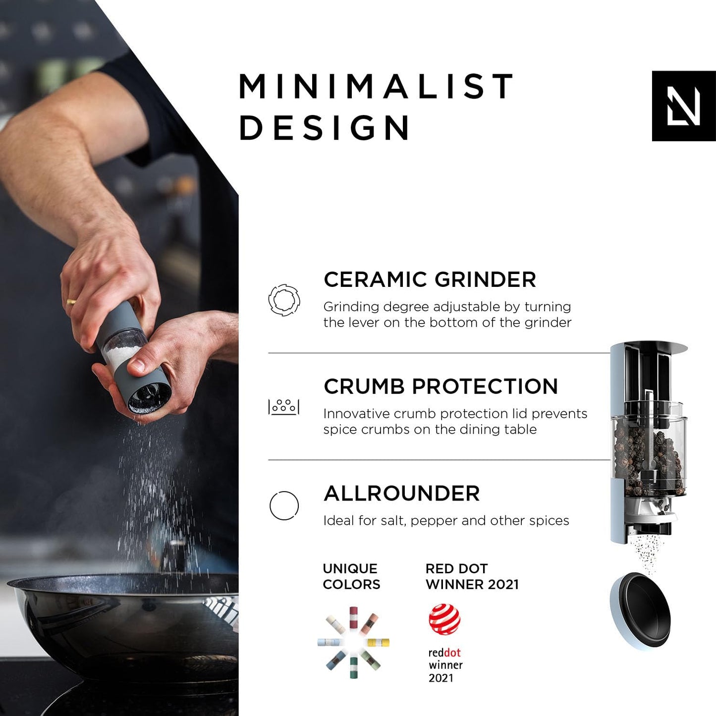 LARS NYSØM Salt and Pepper Grinder Set I Salt and Pepper Mills with Adjustable Ceramic Grinder 2 pieces I Manual Design Spice Mill Set (Blue)