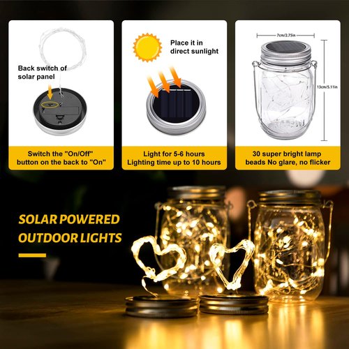 HXWEIYE Solar Mason Jar Lights - 30 LED Waterproof Fairy Lanterns with Jars & Hangers | Warm White for Outdoor Decor