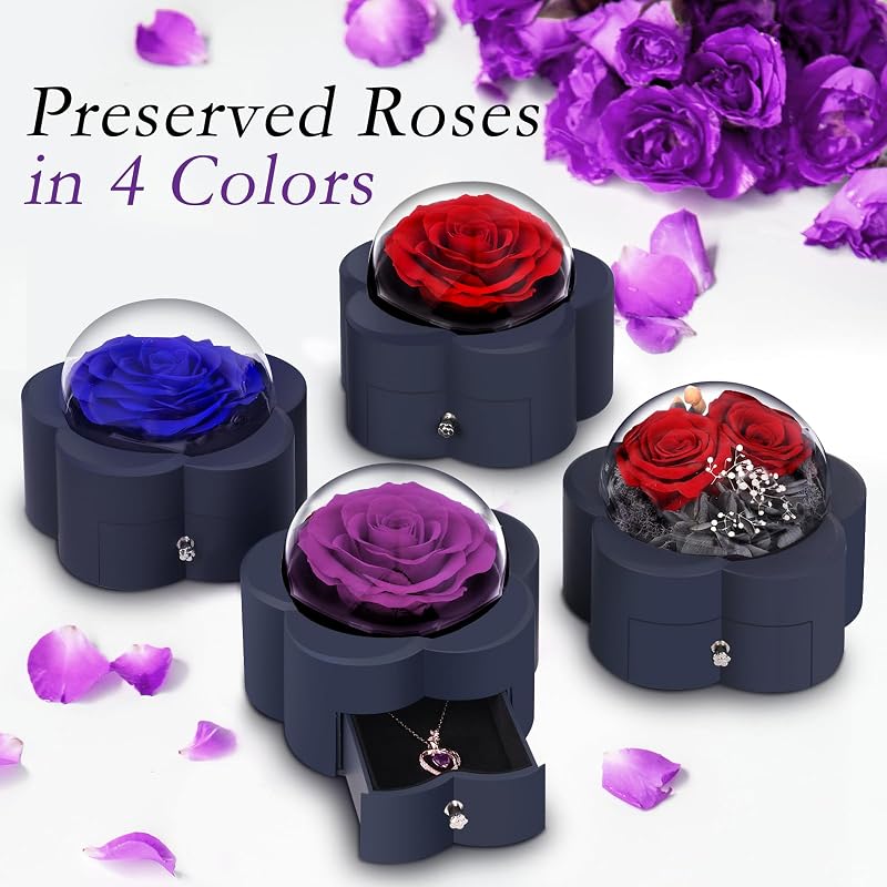 Preserved Rose with Heart Necklace Gift — Purple ONE ROSE