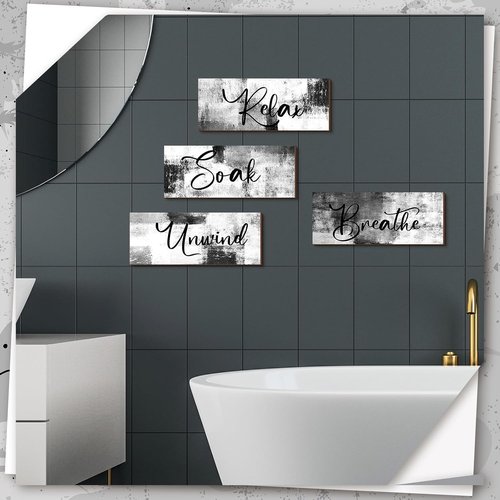 Maitys Bathroom Wall Art - 4 Pcs Rustic Wood Decor for Spa & Relaxation | 10 x 4 Inch Black & White