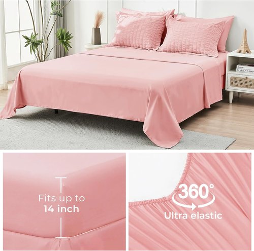 HYMOKEGE Queen Comforter Set - Luxury 7-Piece Seersucker Bedding in Rose Pink | All-Season Comfort