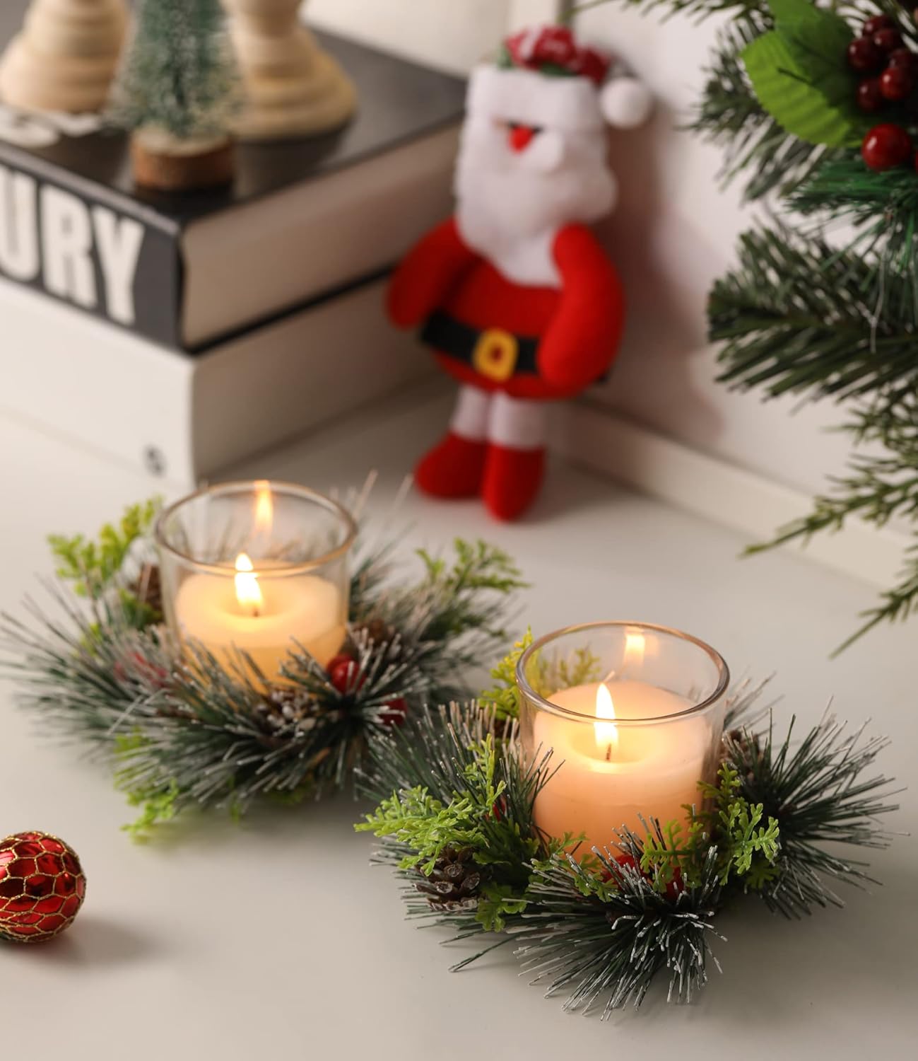 Regine Switzerland Christmas Candle Ring Set - 4 Pcs Votive Candles with Red Berry & Pinecone | Holiday Table Centerpiece Decor
