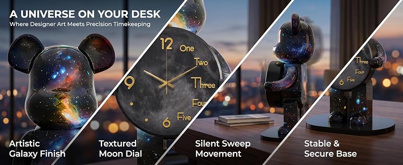 Large Galaxy-Themed Bear Figurine Clock – Desktop Timepiece, Quiet Battery-Powered