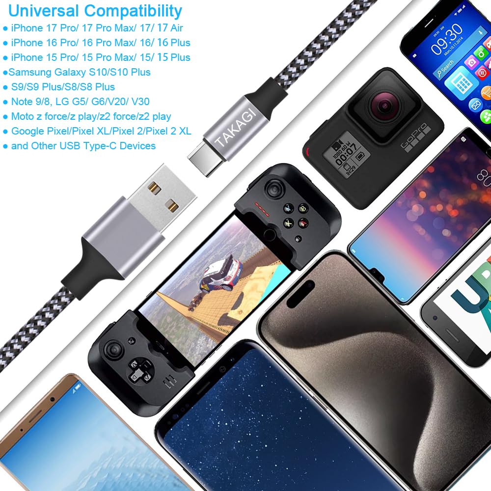 TAKAGI USB to USB-C Cable - Fast Charging 6ft Nylon Braided Data Sync Cord | 3-Pack for iPhone & Galaxy