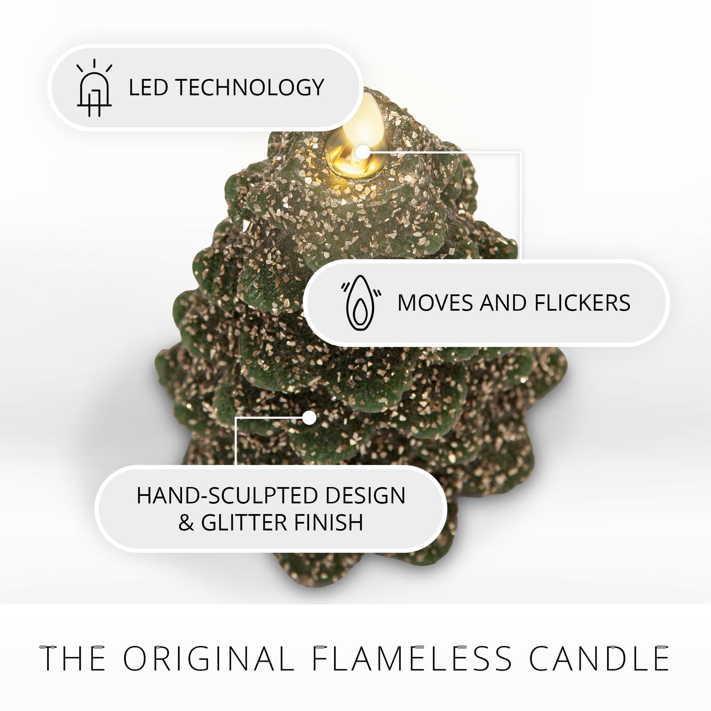 Luminara Christmas Tree Flameless LED Candle, Dark Green 4.7" x 6.5", Moving Flame Battery Operated Timer, Holiday Decor, Glitter Snow Finish Safe