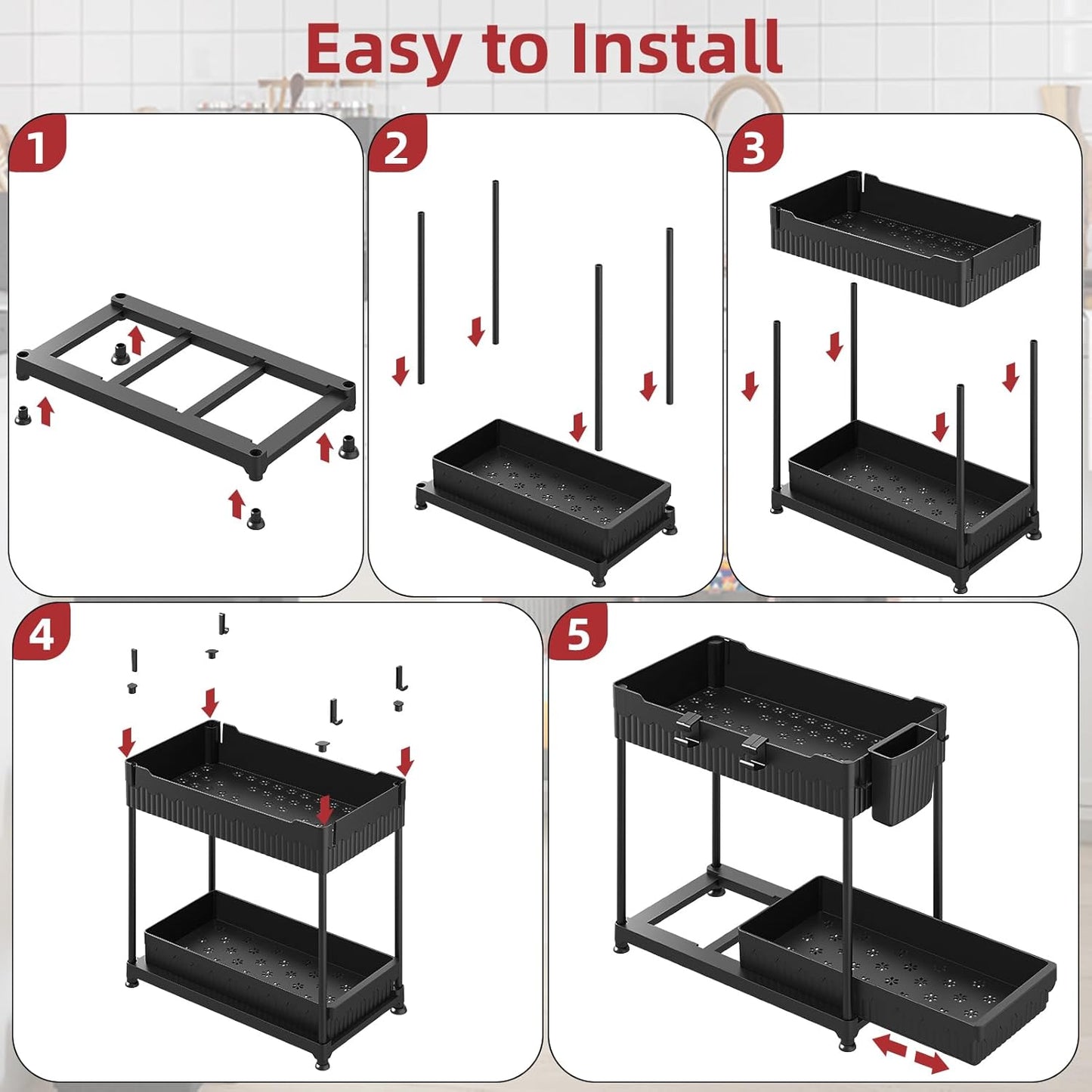 Sevenblue Under Sink Organizer - 2 Tier Multi-Use Pull Out Cabinet Storage | Black, 4 Pack