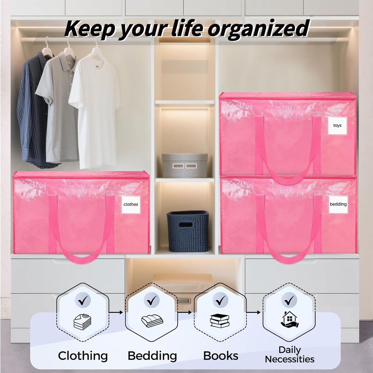 Skiennix Extra Large Heavy-Duty Moving Bags - 16 Pack Pink Storage Bins with Lids & Reinforced Handles