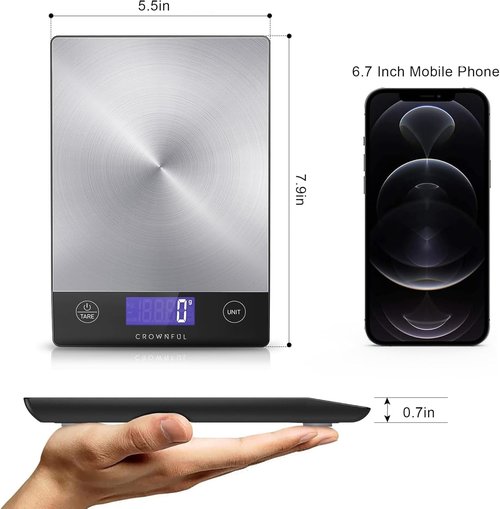 CROWNFUL Digital Kitchen Scale - 33lb Rechargeable 304 Stainless Steel | LCD Display for Accurate Measurements