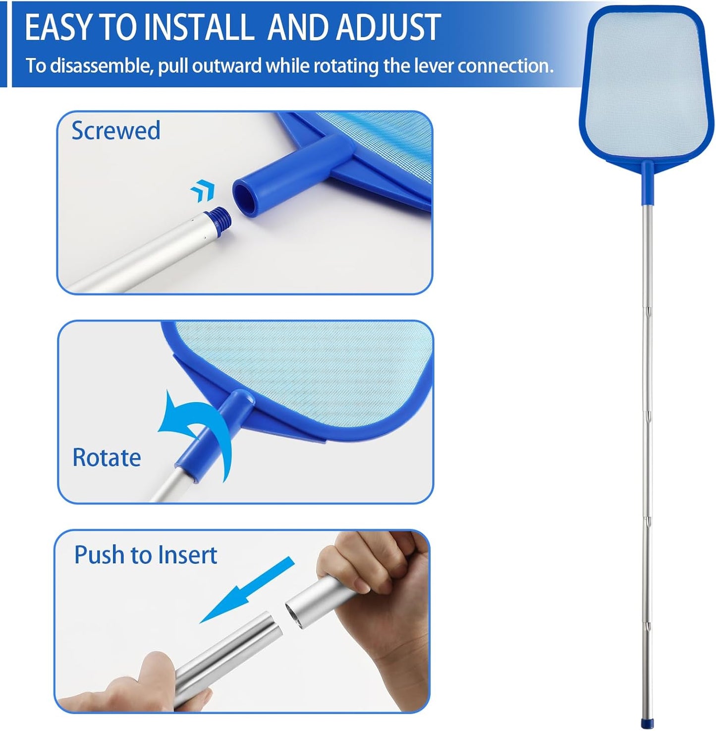 Pool Skimmer | Adjustable Telescopic Aluminum Pole (23''-60'') - Ultra Fine Mesh Net for Pools & Spas