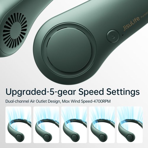 JISULIFE Portable Neck Fan, Hands Free Bladeless Fan, 5 Speeds, 4000 mAh Battery Operated Wearable Personal Fan, Twistable, Rechargeable, Gift for Women Men-Dark Green