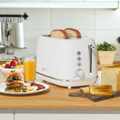 Keenstone Toaster - Retro 2-Slice Stainless Steel Design | 6 Browning Levels & Removable Crumb Tray - White