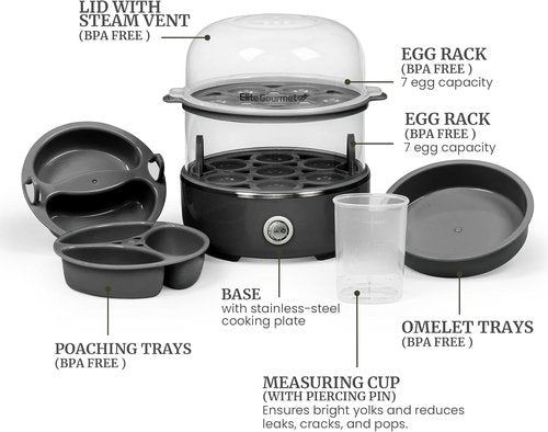 Elite Gourmet Easy Egg Cooker - Stainless Steel, Two-Tiered, 14-Egg Capacity, Auto Shut-Off | Black