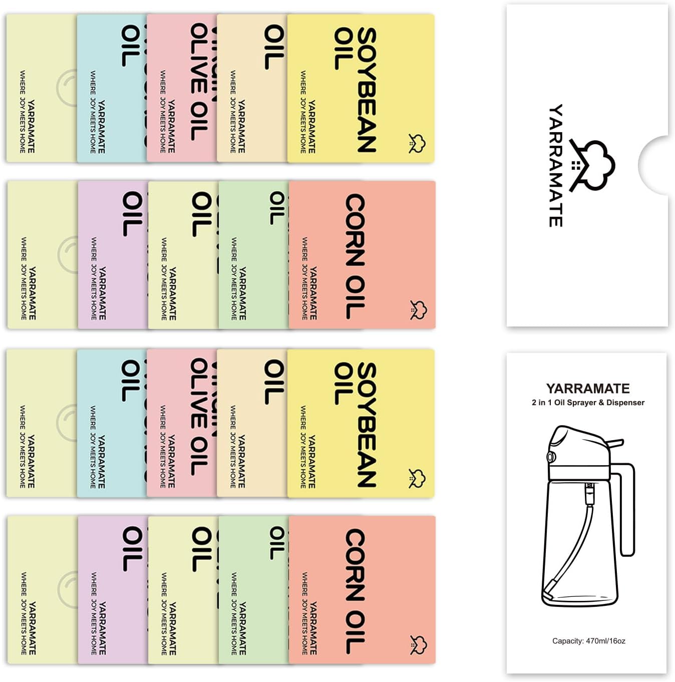YARRAMATE Glass Olive Oil Sprayer - 16oz with 20 Color Labels | Elegant White Design