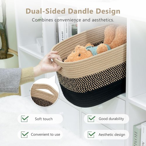 ECDYQXVU Cotton Rope Storage Basket - Woven Organizer for Shelves, Clothes & Towels | 15x10x9 Inches, Gradient Black/Brown
