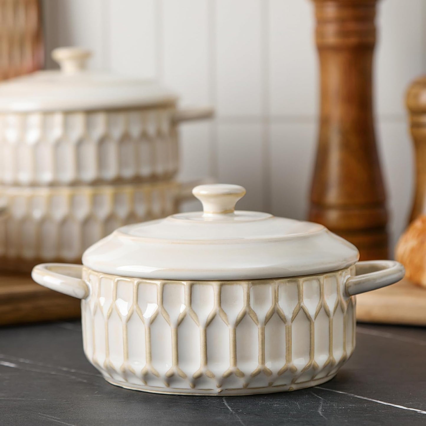 Mini Cocotte Set | 14 OZ Ceramic Casserole Dishes with Lids - Set of 4, Beige, Oven & Microwave Safe