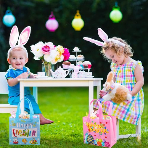 JWSCYSY 6Pcs Easter Non-woven Bags with Handle, Happy Easter Gift Bags for Kids, Treat Bags Rabbit Bunny, Reusable Easter Goodie Bags-Waterproof