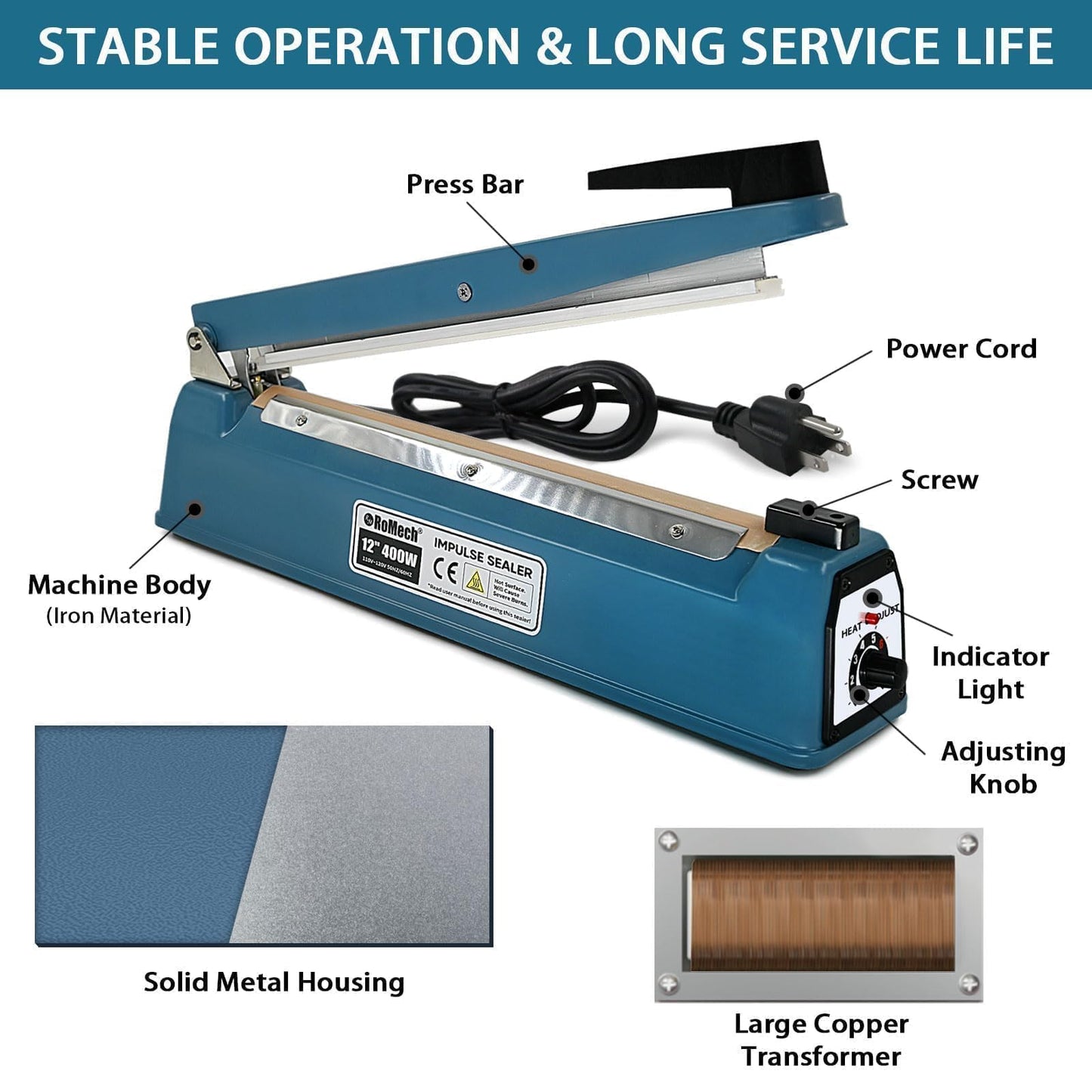 ROMECH 12 Inch Impulse Bag Sealer, Solid Metal Housing Heavy Duty Manual Heat Sealer Machine with Spare Parts for Sealing Plastic Bags & Shrink Wrap Bags (400W)